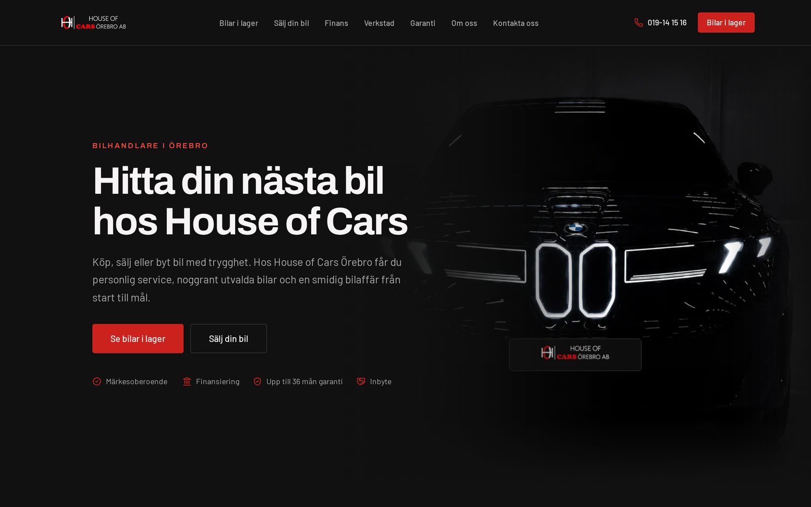 Skärmbild av webbplatsen houseofcarsorebro.se